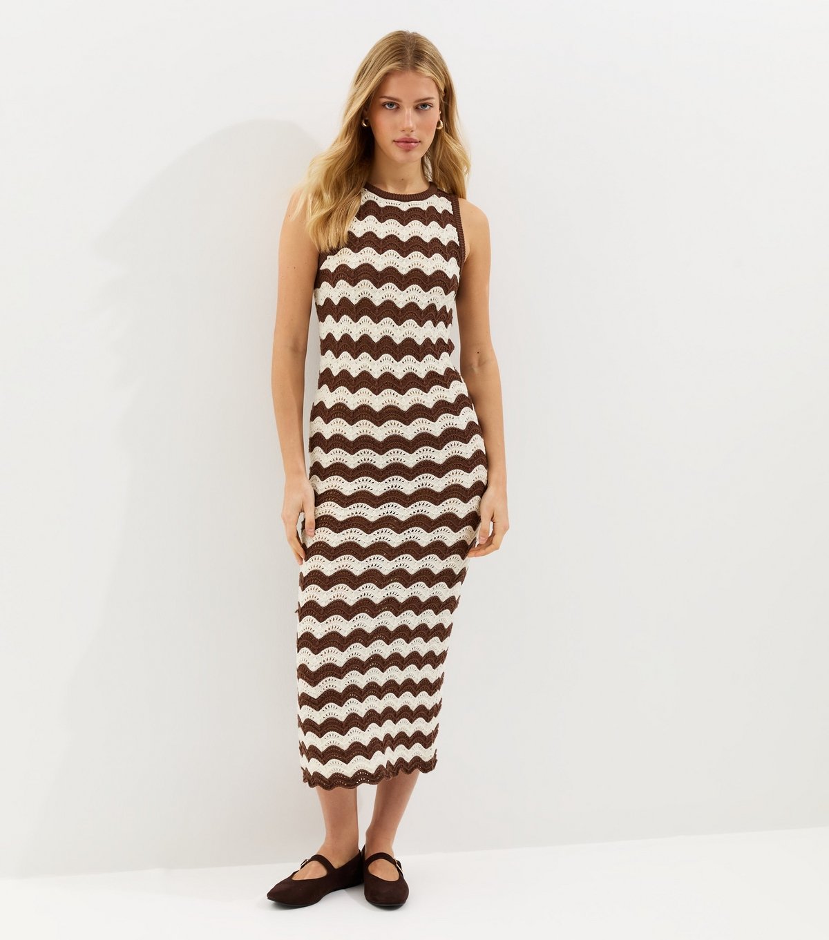 New Look Women's Brown Cotton Rich Knit Sleeveless Zig Zag Beach Maxi Dress New Look - 3