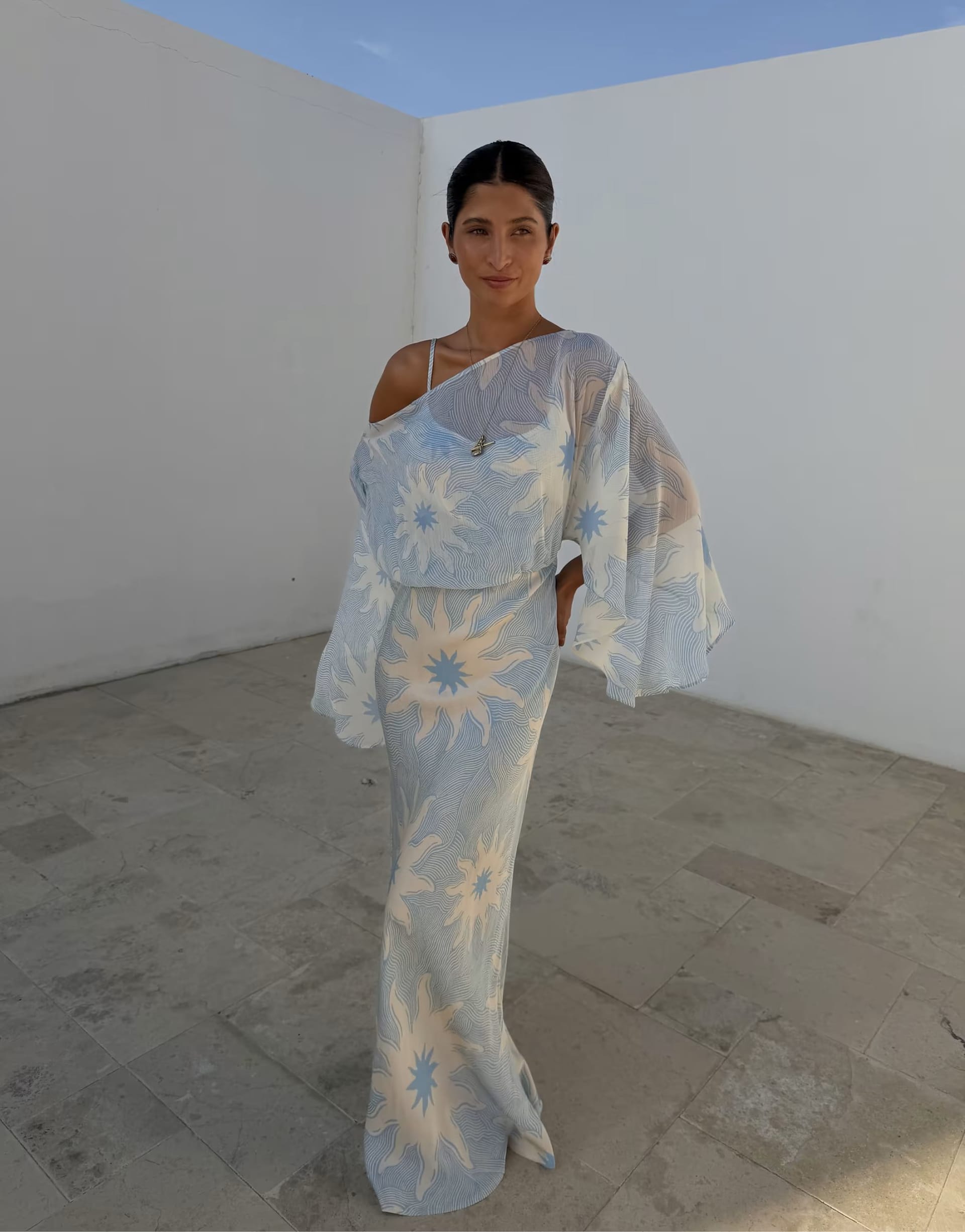 ASOS Textured Mesh Off-Shoulder Maxi Dress in Blue Soleil Print
