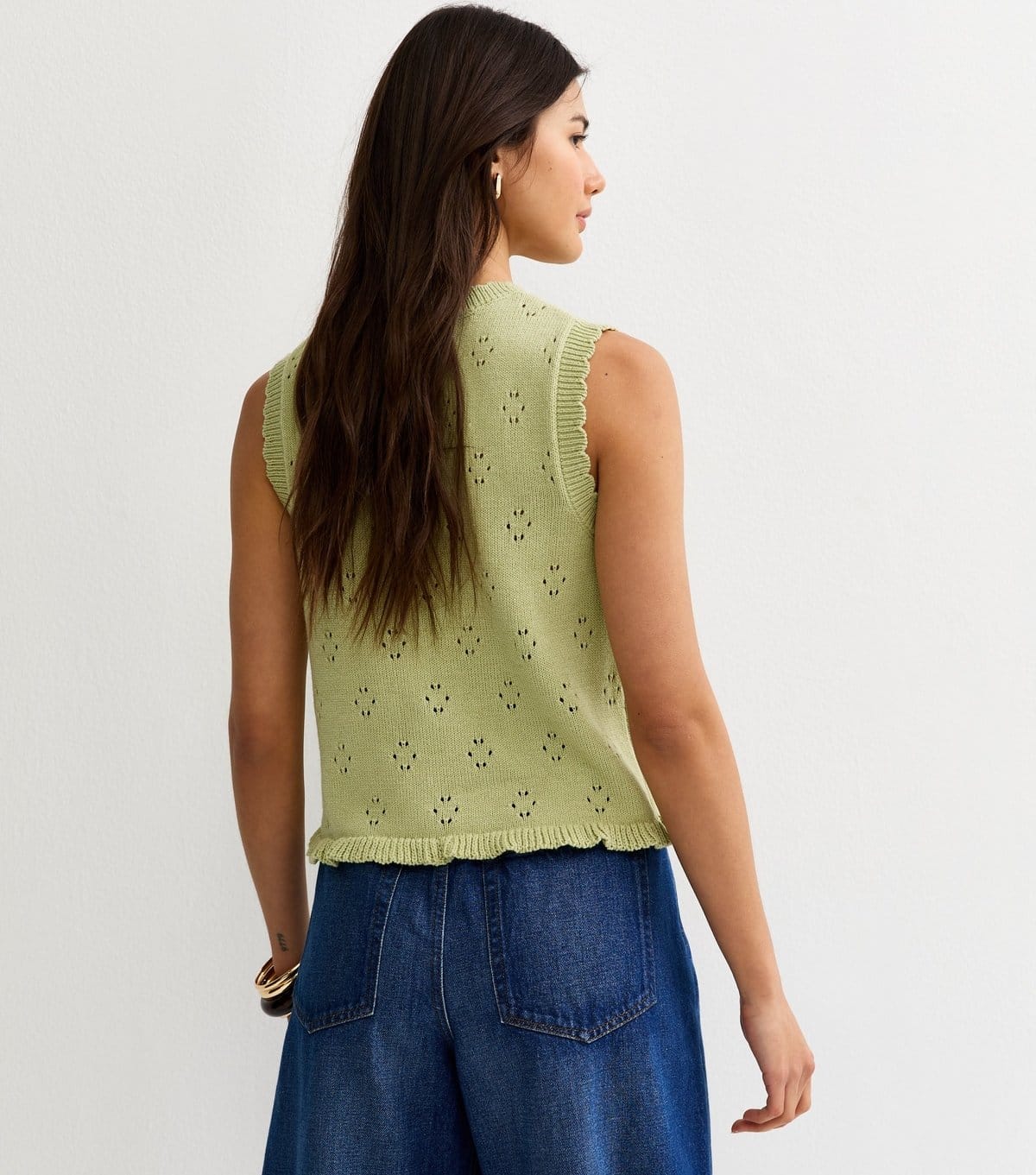 New Look Women's Light Green Cotton Rich Stitch Detail Scallop Trim Waistcoat New Look - 4