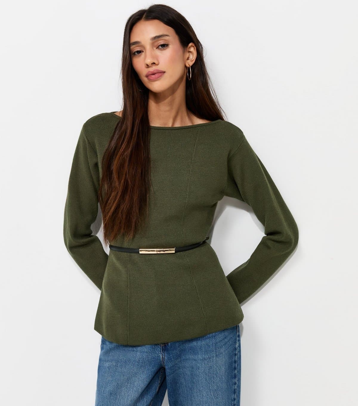 New Look Women's Light Khaki Belted Slash Neck Jumper New Look