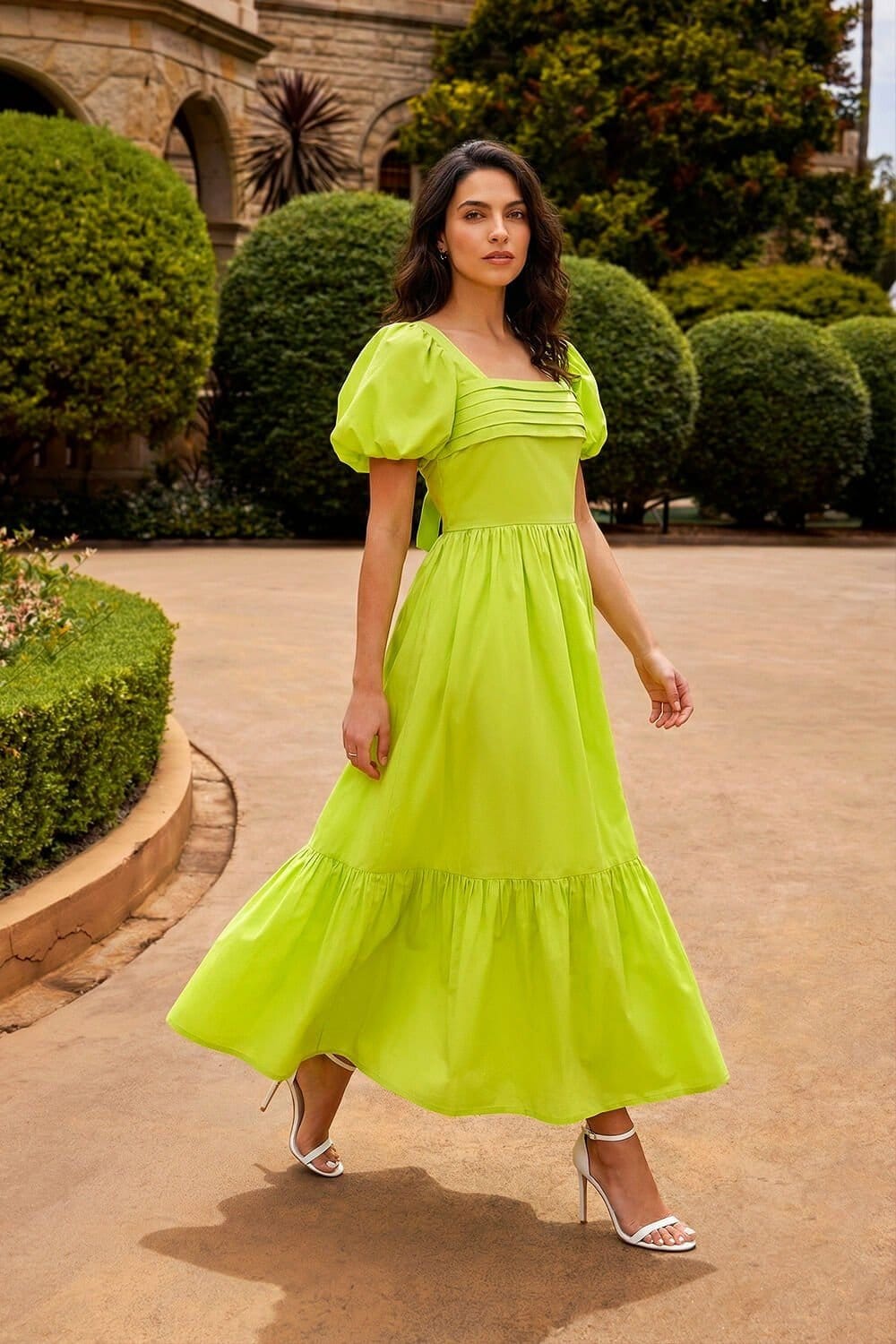 Dusk Lime Pleated Puff Midi Dress