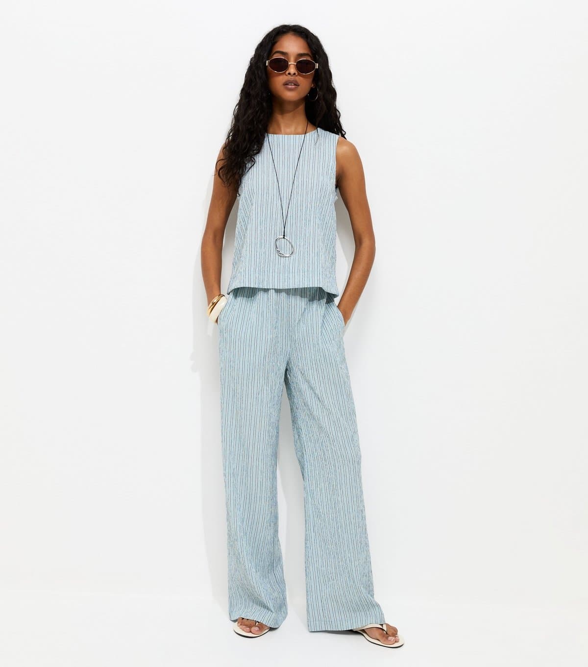 New Look Women's Blue Textured Stripe Wide Leg Trousers New Look