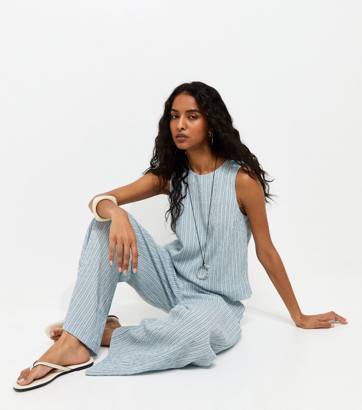 New Look Women's Blue Textured Stripe Wide Leg Trousers New Look - 4