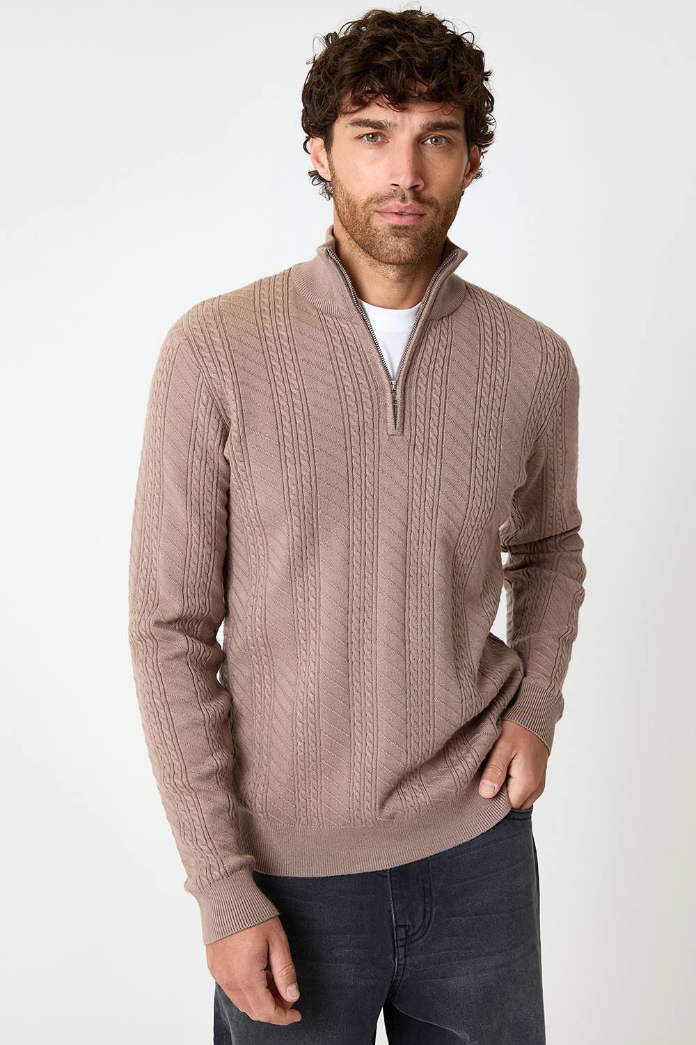 Threadbare Threadbare Men's Cable Knit Quarter Zip Jumper in Taupe - 2