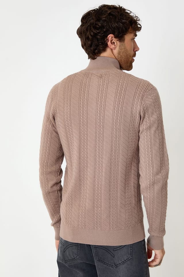 Threadbare Threadbare Men's Cable Knit Quarter Zip Jumper in Taupe - 2
