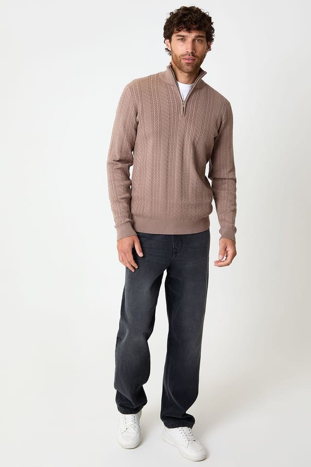 Threadbare Threadbare Men's Cable Knit Quarter Zip Jumper in Taupe - 3
