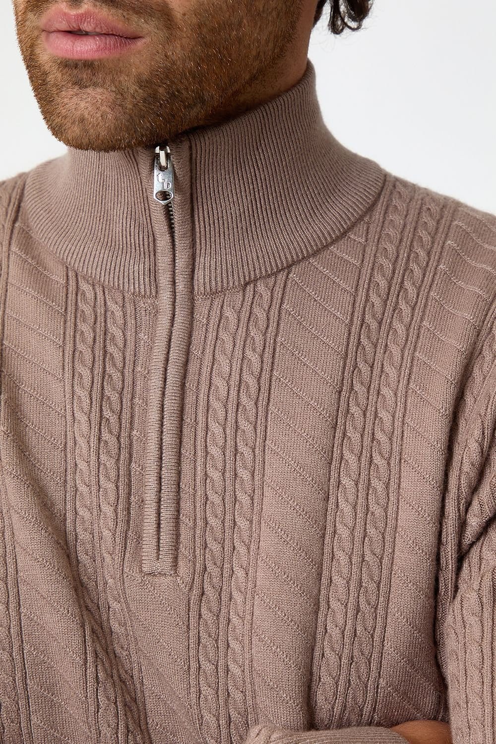Threadbare Threadbare Men's Cable Knit Quarter Zip Jumper in Taupe - 4