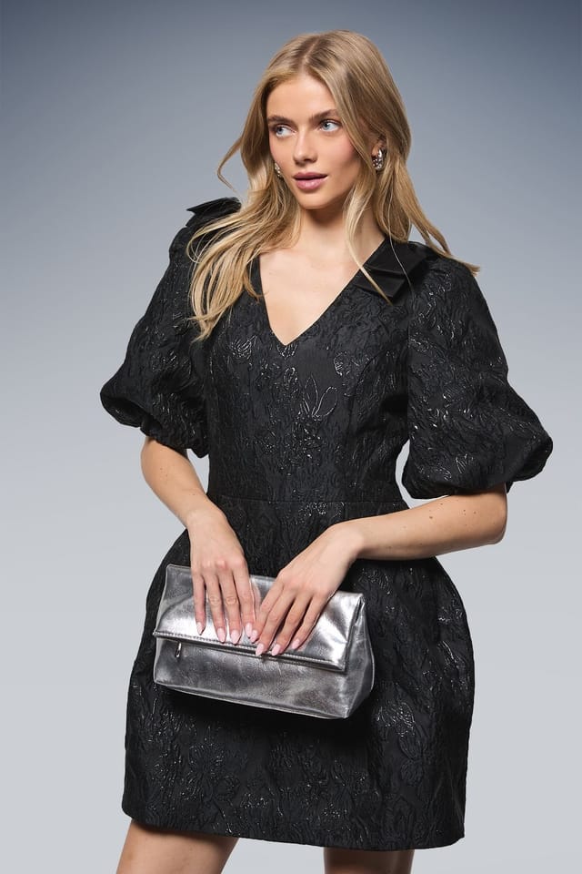 Oasis Oasis Women's Bow Shoulder Puff Sleeve V Neck Mini Dress in Black - 2