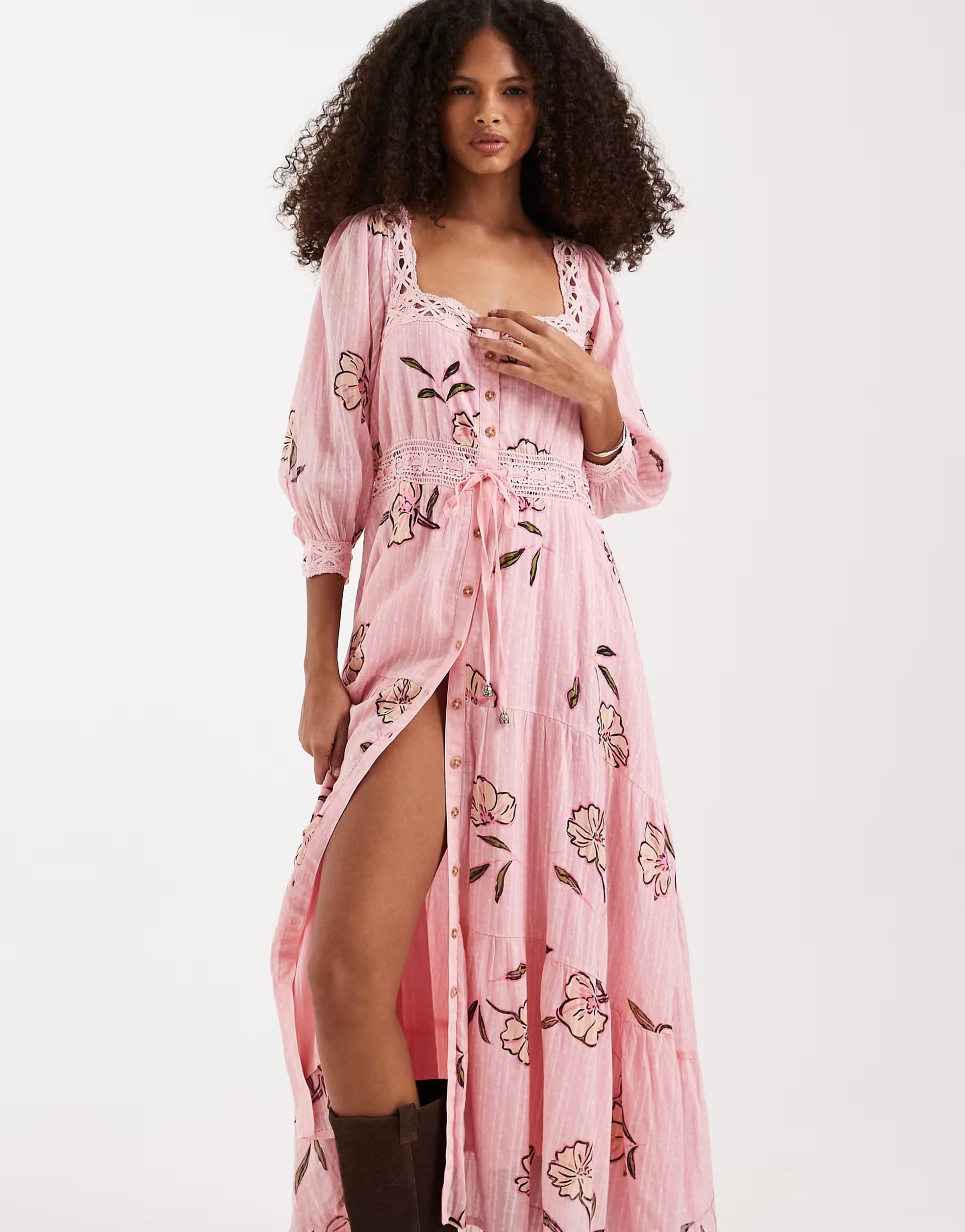 ASOS Free People morning meadows button down midi dress in pink floral