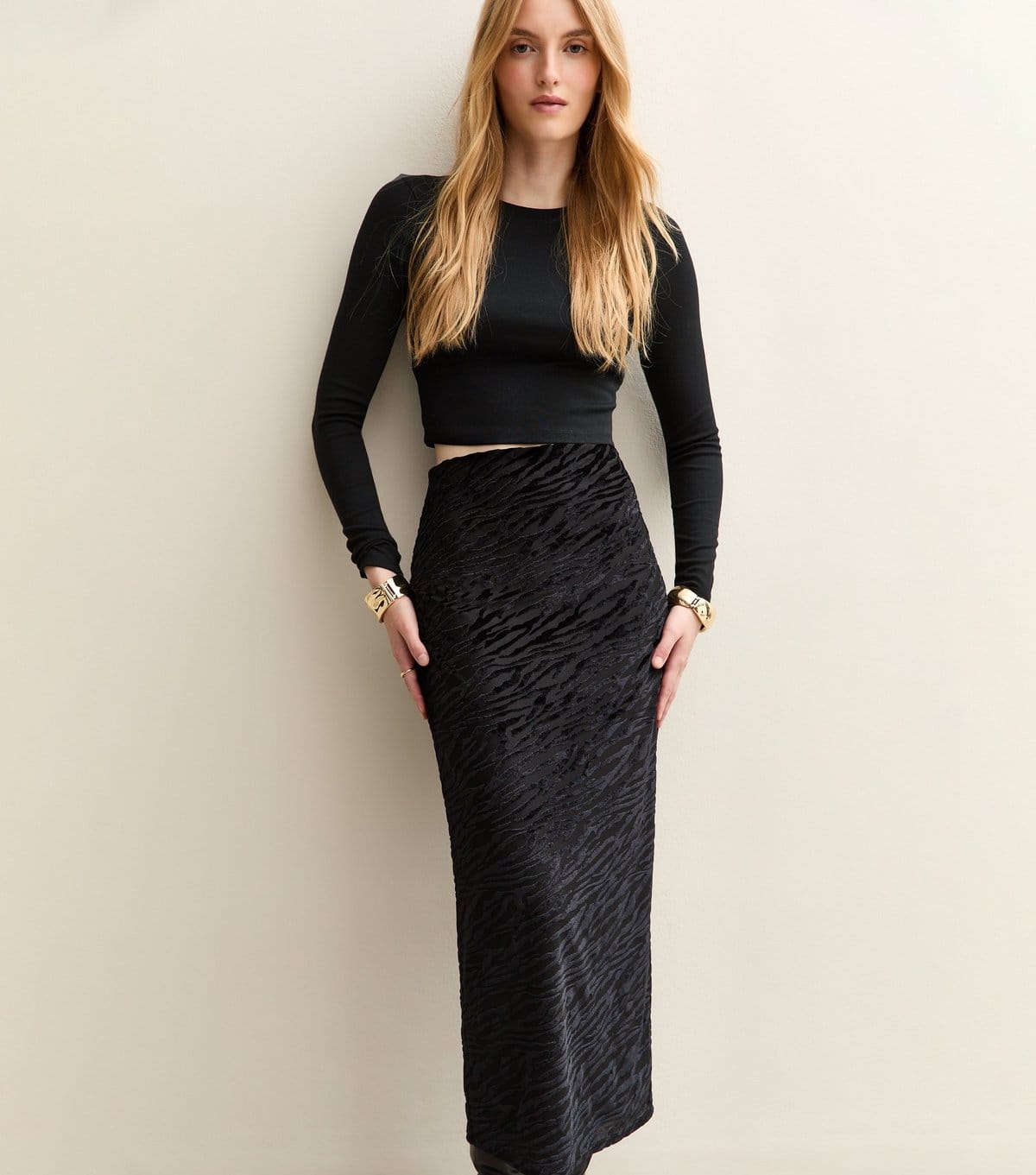 New Look Zebra Devore Black Midi Skirt