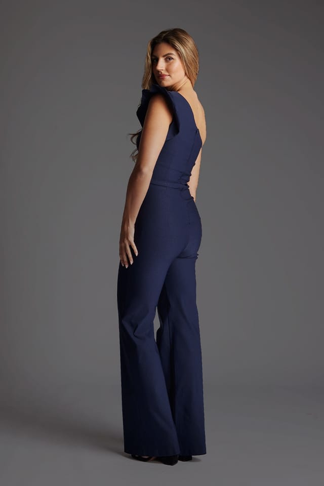 Vesper Vesper Women's One Shoulder Frill Sleeve Wide Leg Jumpsuit in Navy - 3