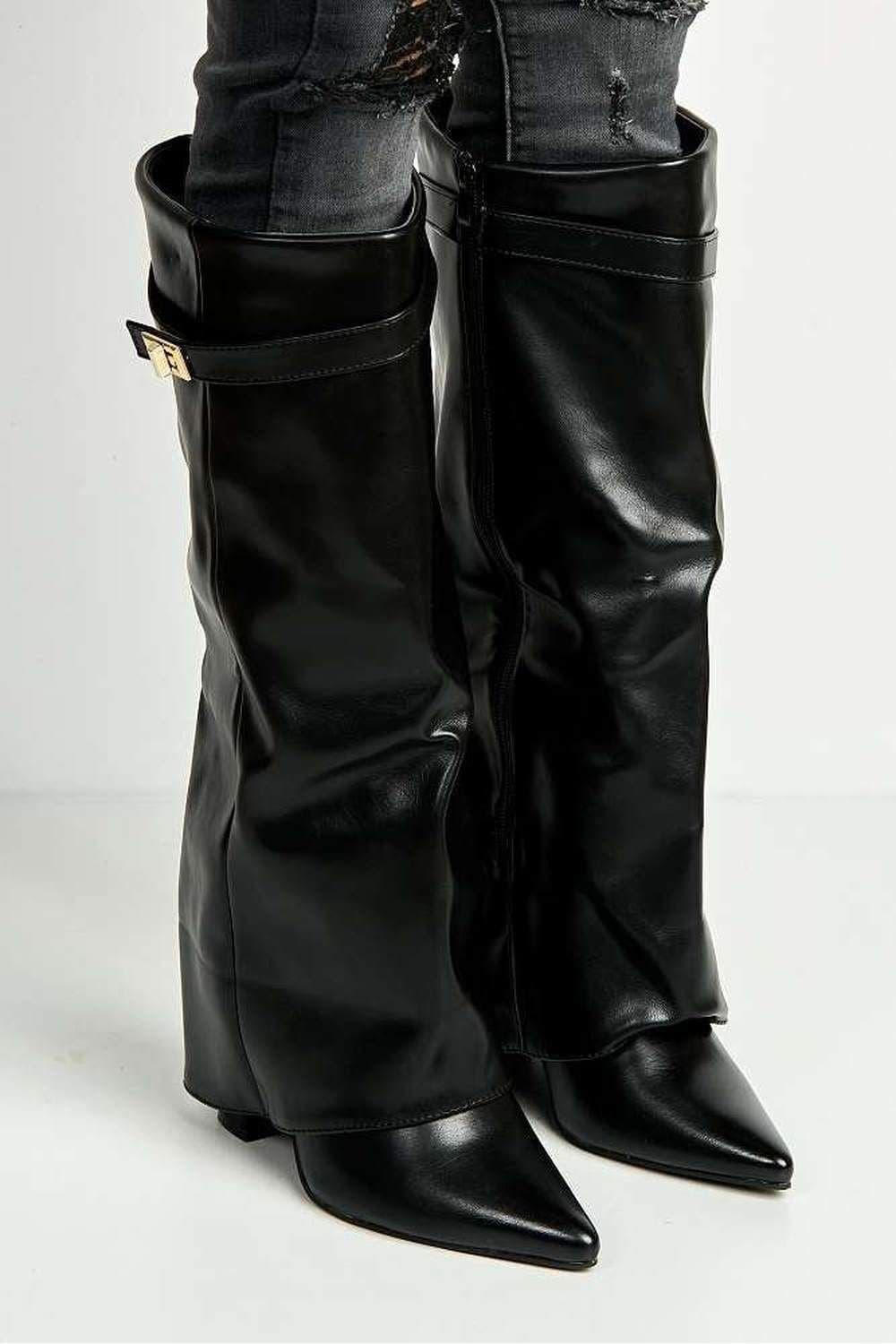 Miss Diva Miss Diva Women's Ayla Block Heel Pointy Toe Collared PU Calfboots with Clasp Detail in Black