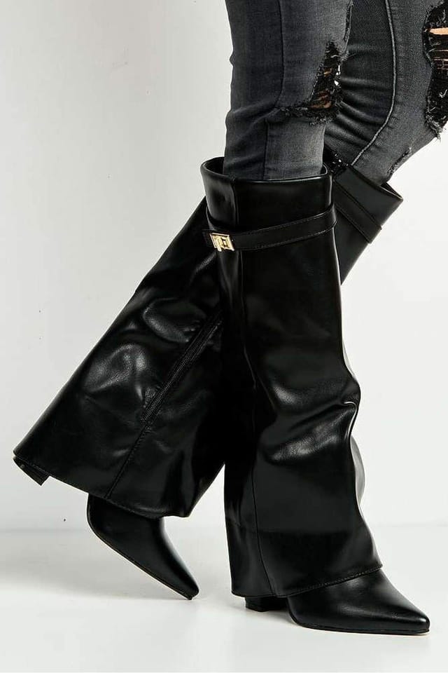 Miss Diva Miss Diva Women's Ayla Block Heel Pointy Toe Collared PU Calfboots with Clasp Detail in Black - 2