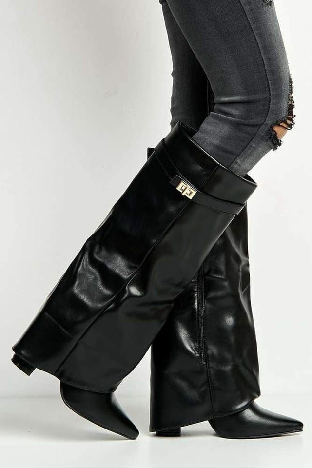 Miss Diva Miss Diva Women's Ayla Block Heel Pointy Toe Collared PU Calfboots with Clasp Detail in Black - 3