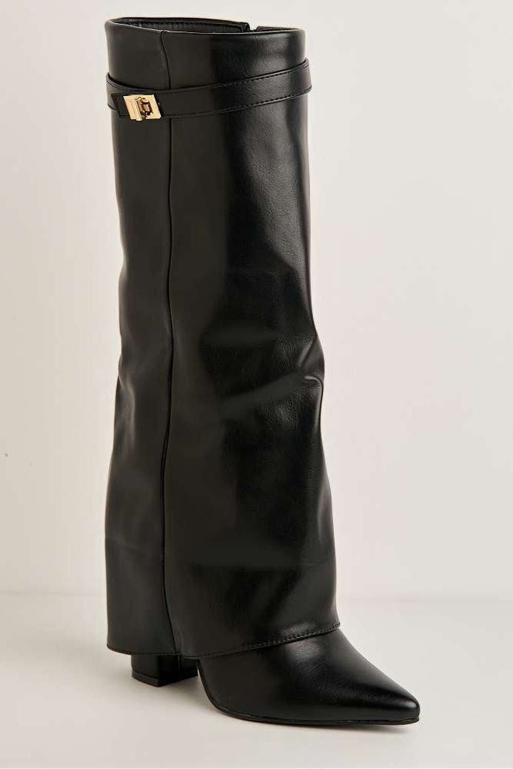 Miss Diva Miss Diva Women's Ayla Block Heel Pointy Toe Collared PU Calfboots with Clasp Detail in Black - 4