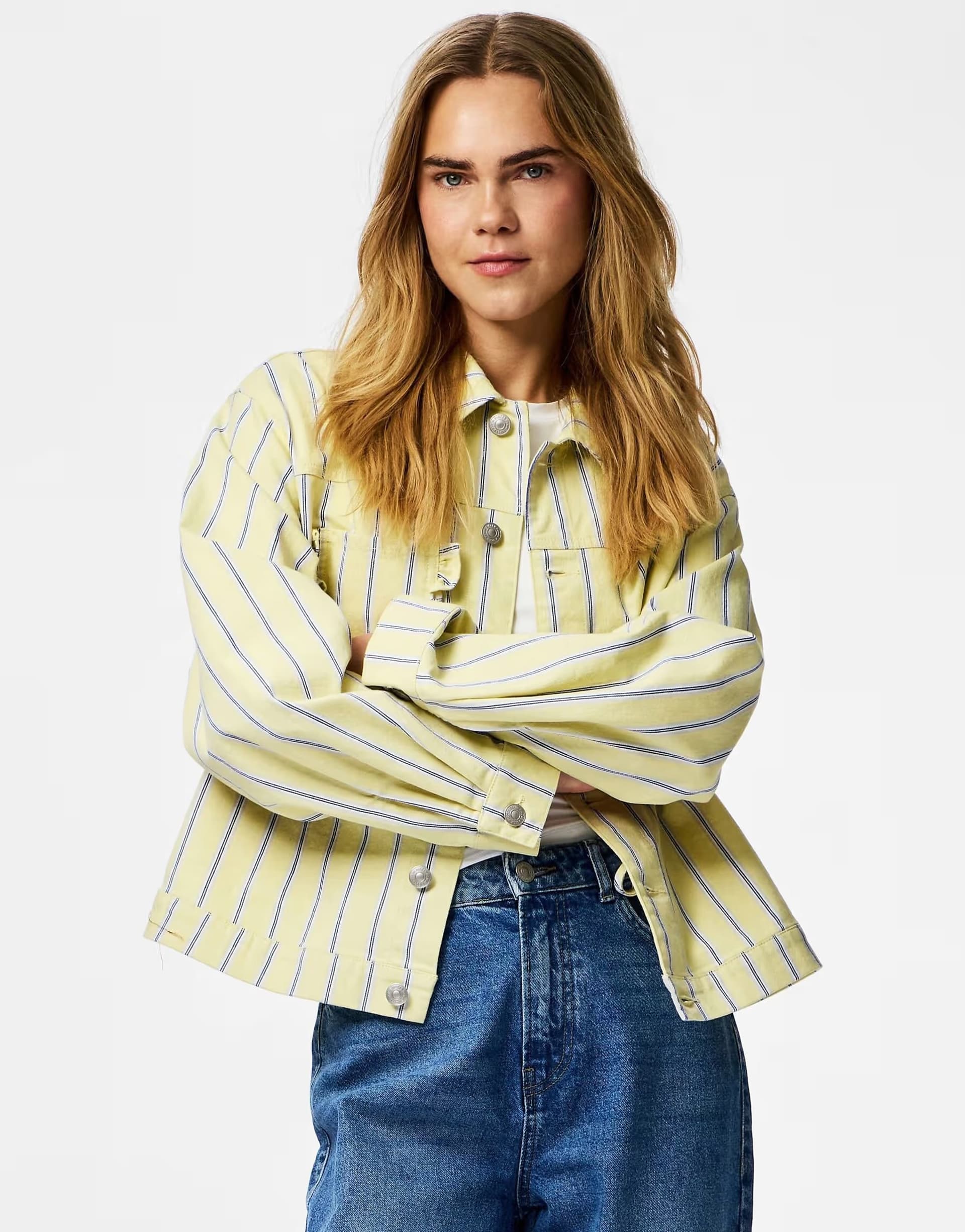 ASOS ASOS Pieces Striped Denim Jacket in French Vanilla