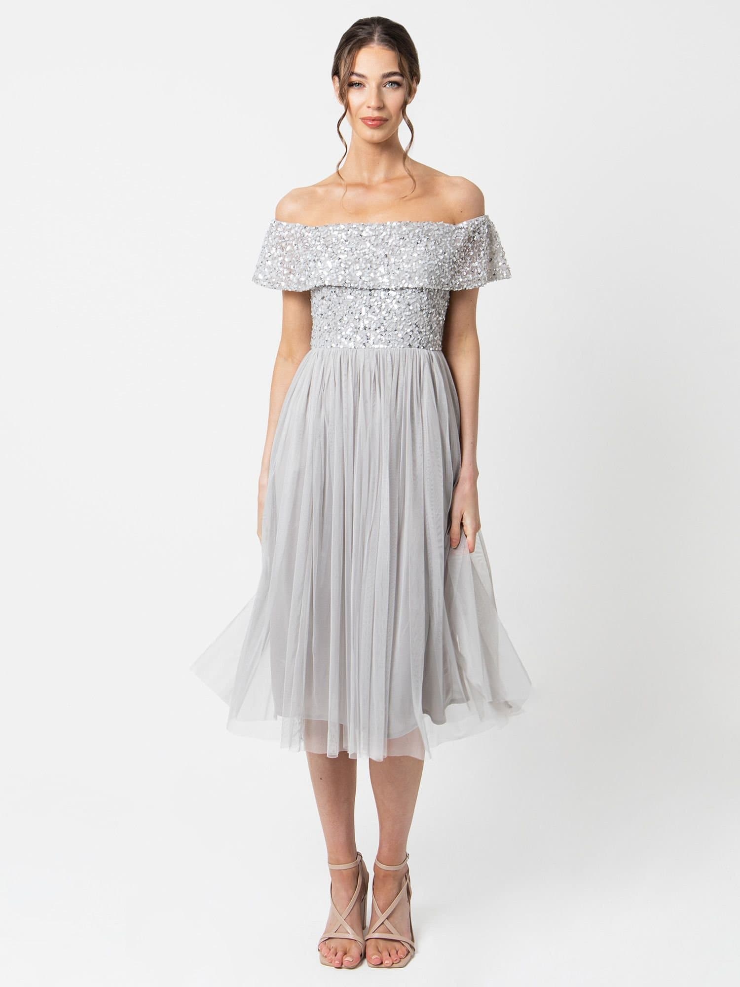 Maya Deluxe Maya Deluxe Women's Bardot Embellished Midi Dress in Grey