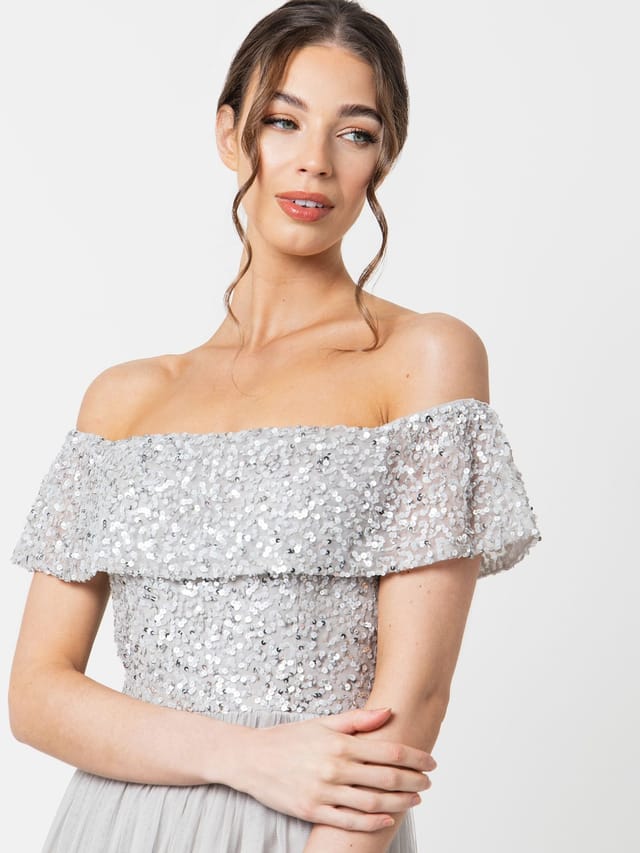 Maya Deluxe Maya Deluxe Women's Bardot Embellished Midi Dress in Grey - 3