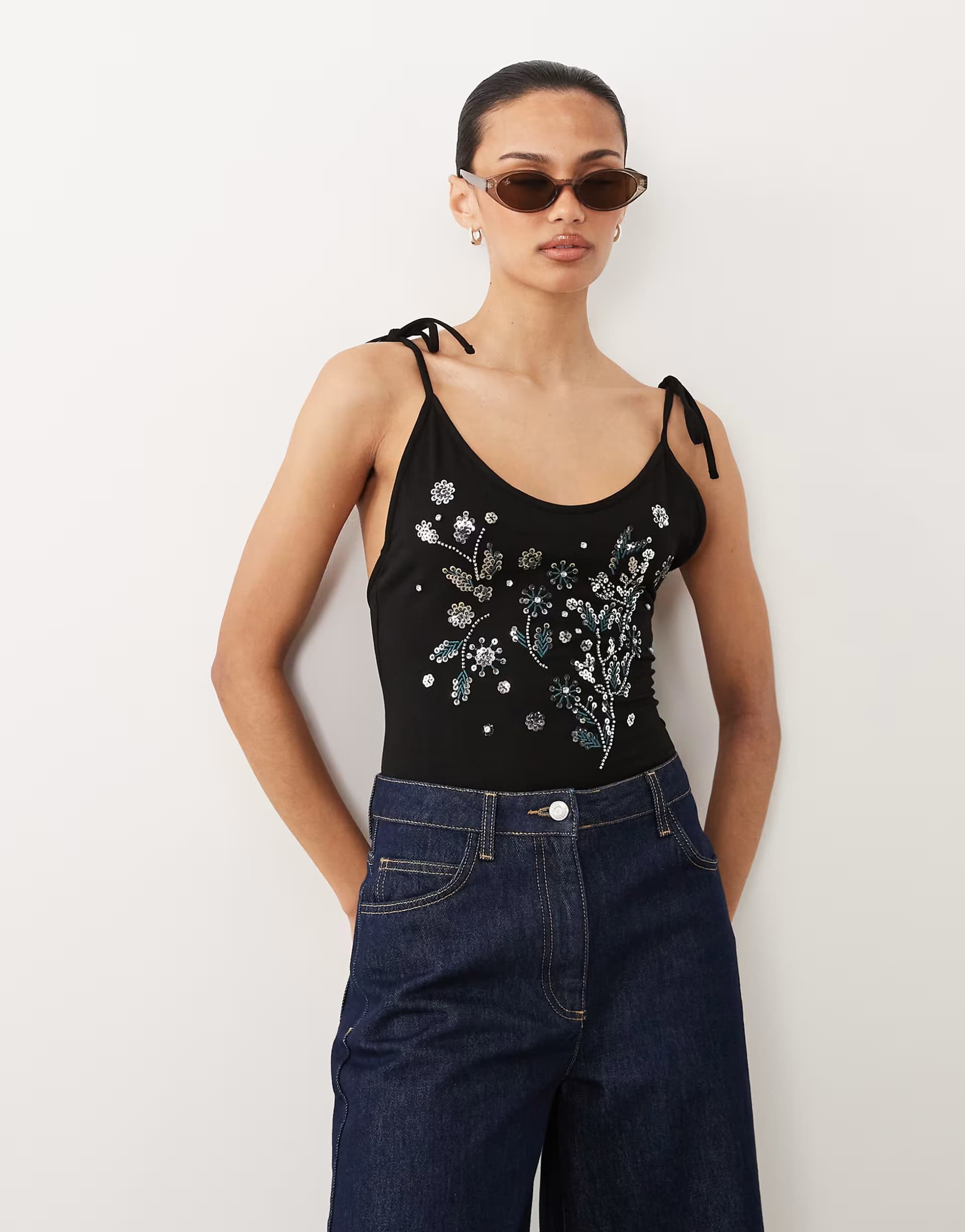 ASOS Miss Selfridge festival embellished tie shoulder bodysuit in black