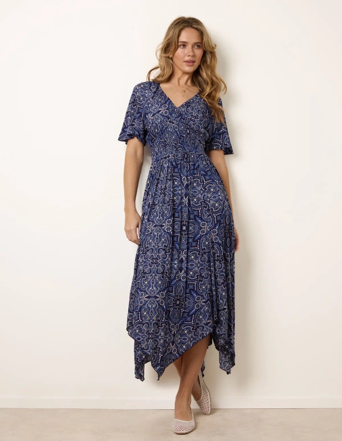 Blue Vanilla Shirred Waist Hanky Hem Paisley Print Dress