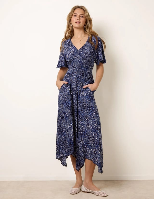 Blue Vanilla Shirred Waist Hanky Hem Paisley Print Dress - 2