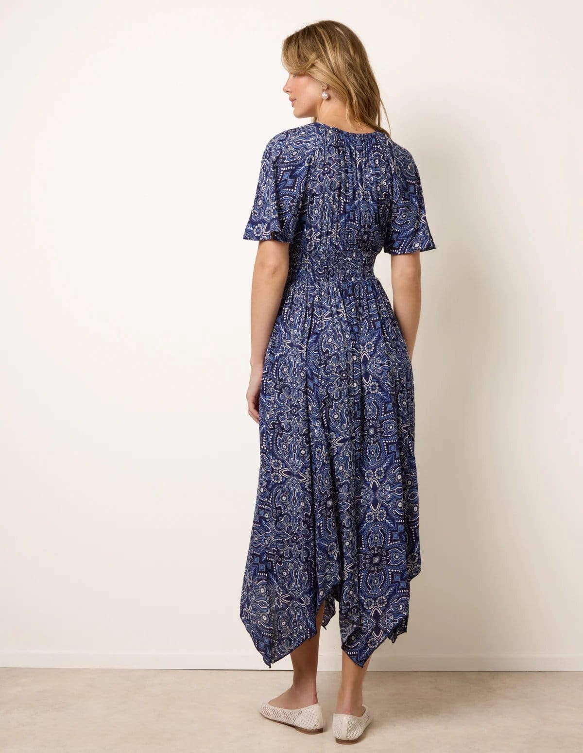 Blue Vanilla Shirred Waist Hanky Hem Paisley Print Dress - 4