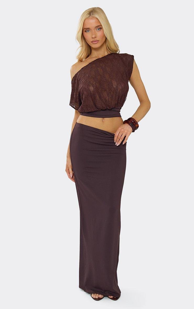 EGO Asymmetric Off The Shoulder Top In Chocolate Brown Lace, Women's Size UK 6 - 2