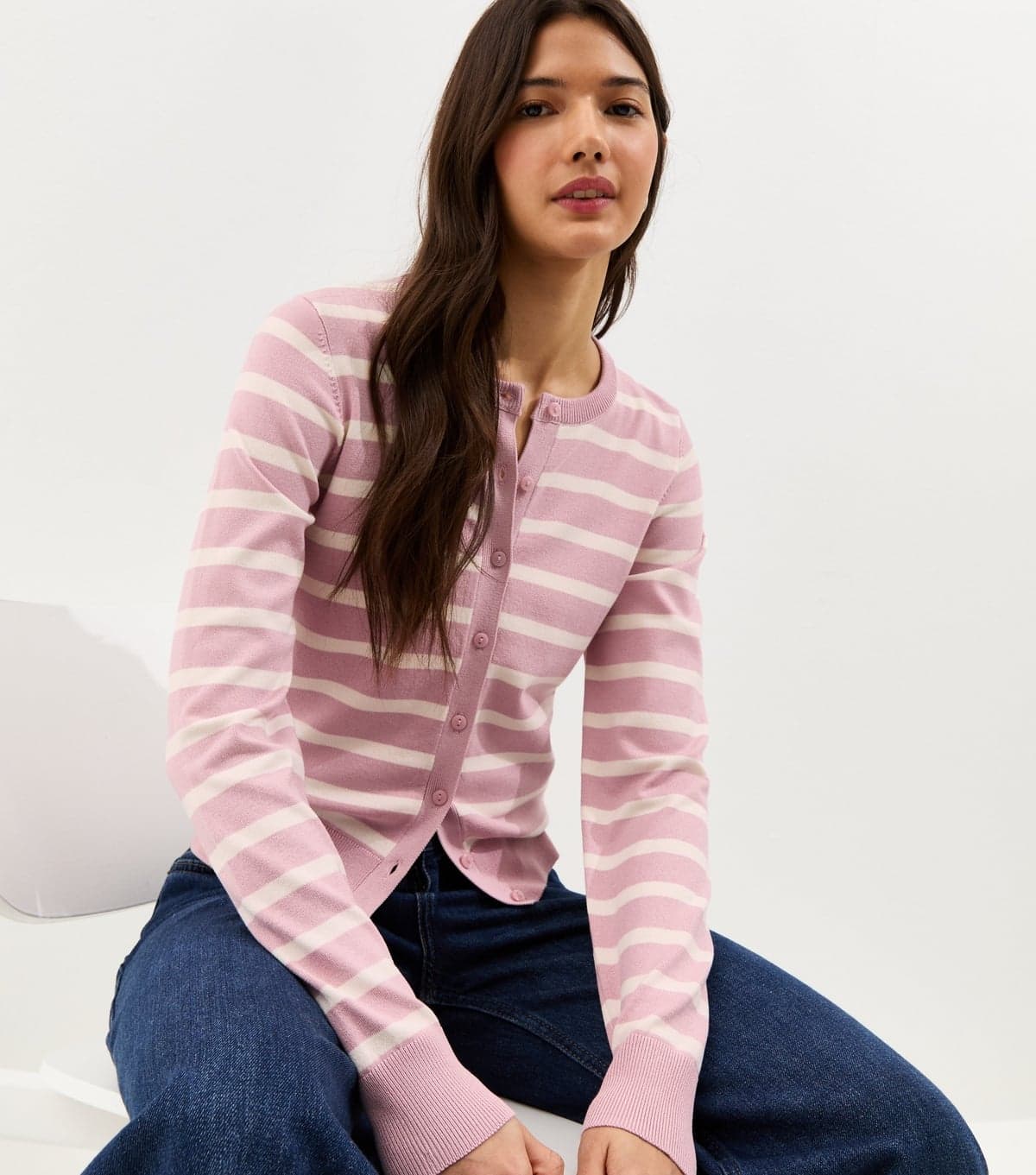 New Look Women's Pink Lightweight Striped Crew Neck Cardigan New Look
