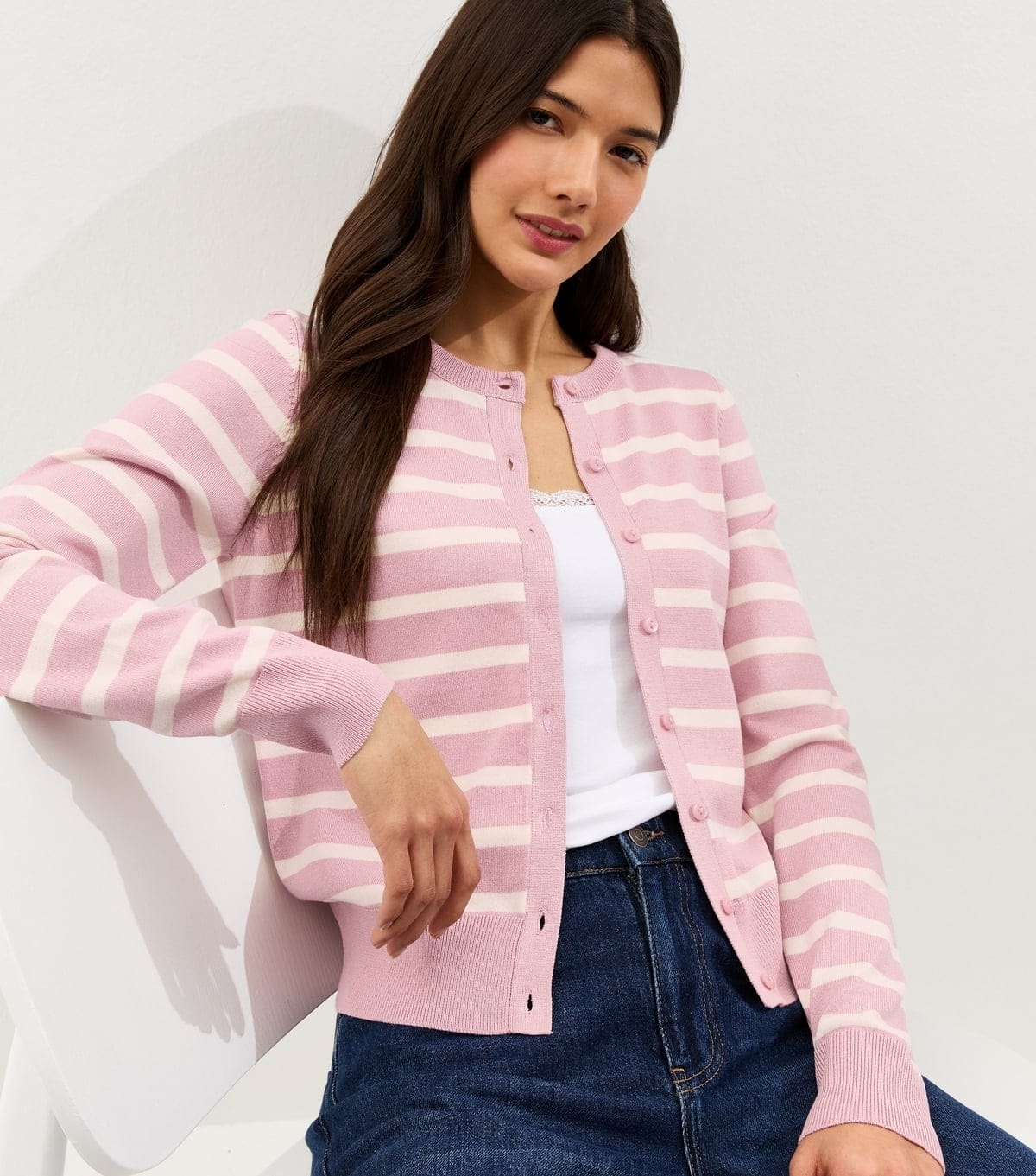 New Look Women's Pink Lightweight Striped Crew Neck Cardigan New Look - 4