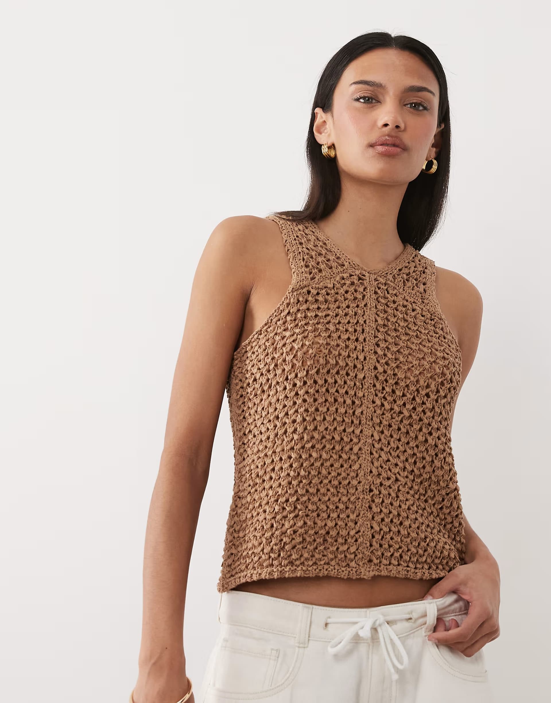 ASOS ASOS DESIGN tape yarn open stitch vest in toffee