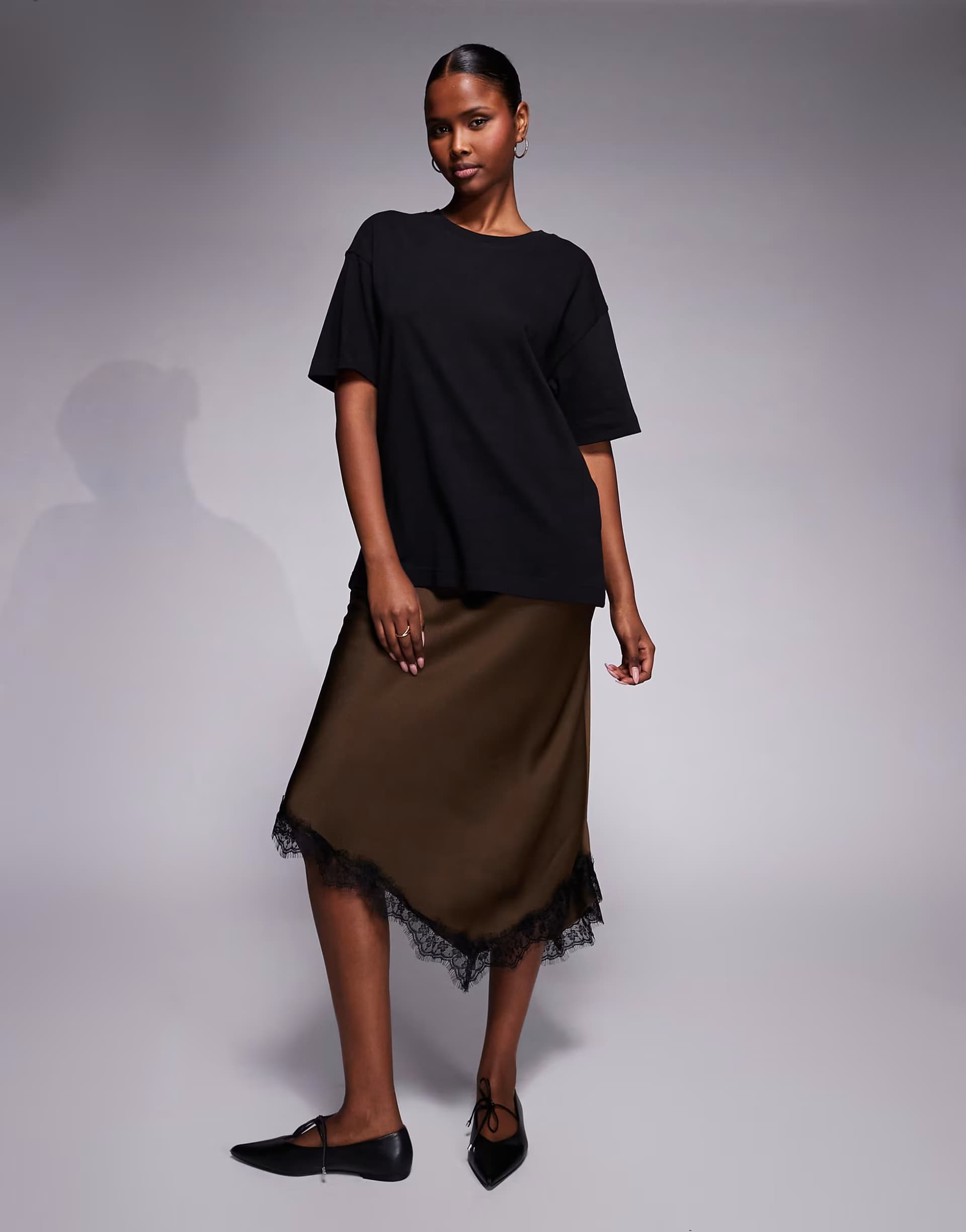 ASOS River Island satin maxi skirt with lace detail in brown