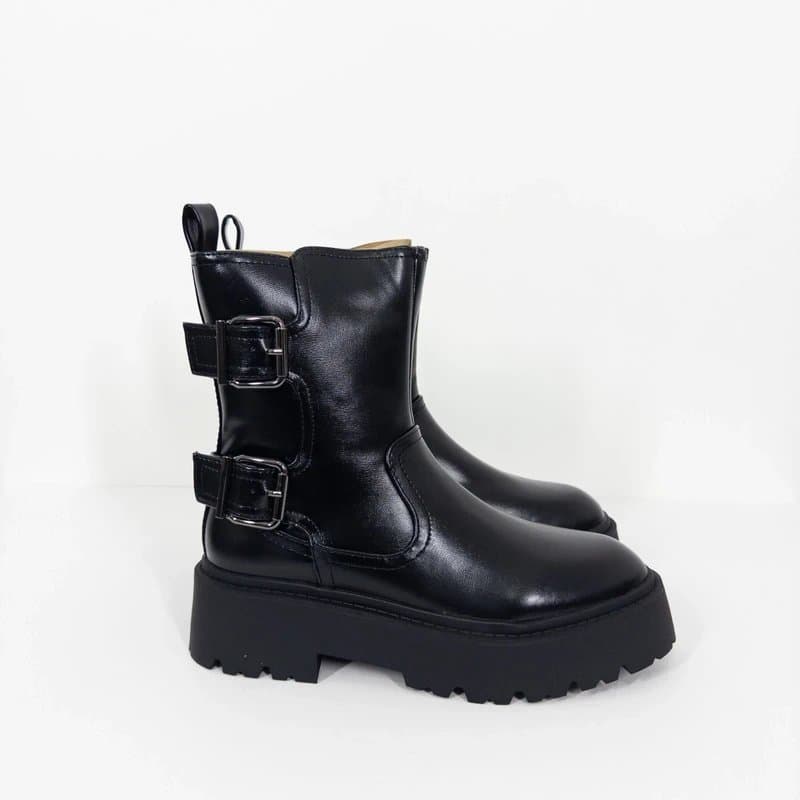 River Island River Island Black Double Buckle Chunky Biker Boots UK 7 NEW Faux Leather