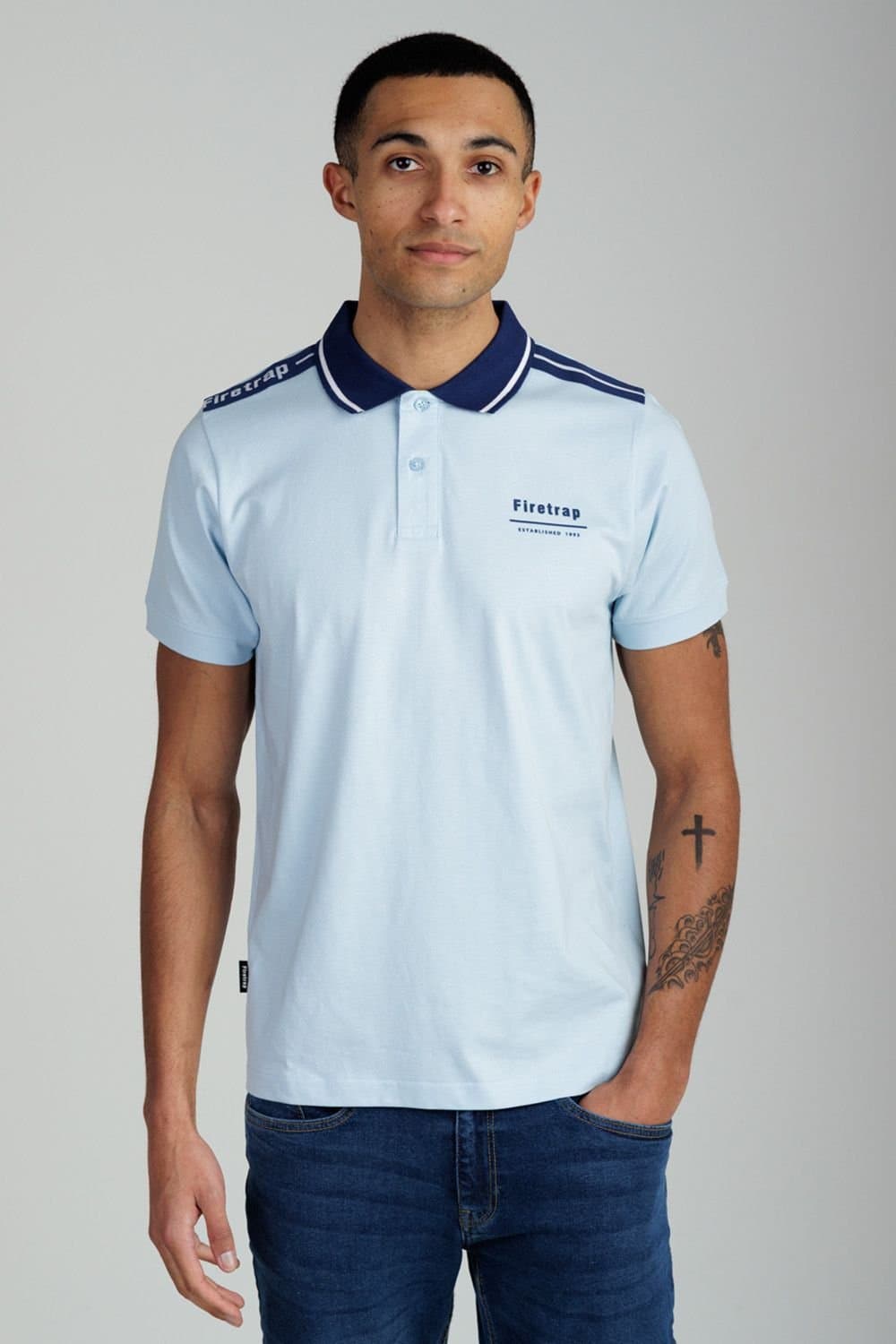 Firetrap Firetrap Men's Regular Fit Cotton Jersey Polo with Taping in Light Blue