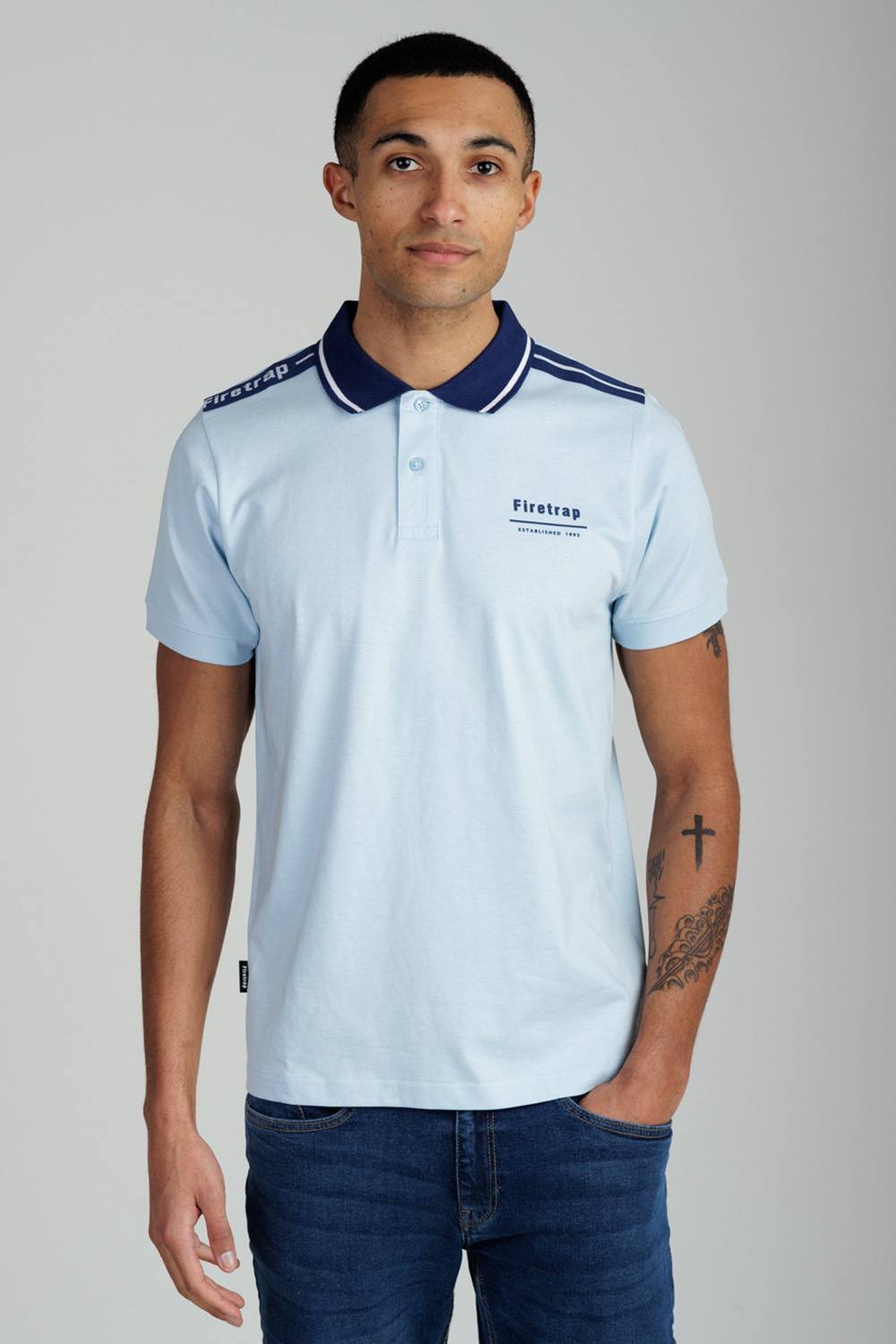 Firetrap Firetrap Men's Regular Fit Cotton Jersey Polo with Taping in Light Blue - 3