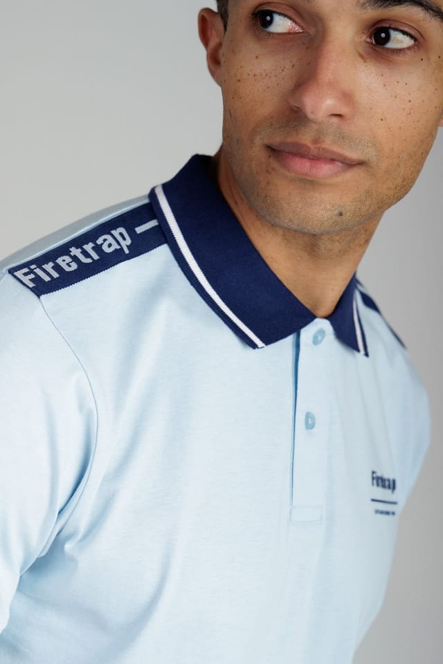 Firetrap Firetrap Men's Regular Fit Cotton Jersey Polo with Taping in Light Blue - 3