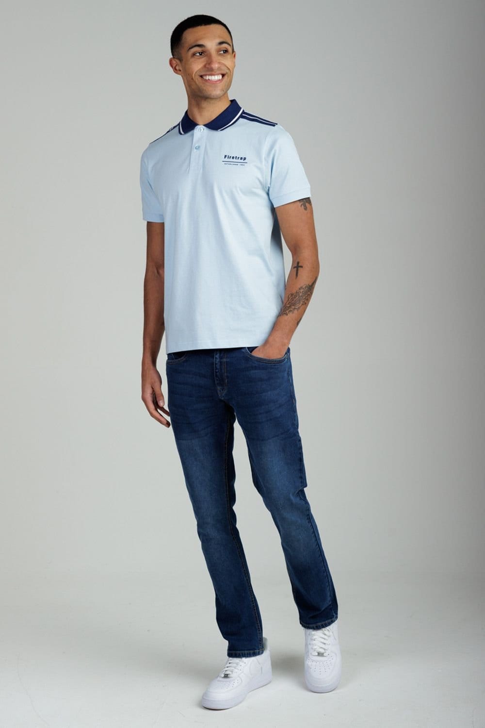 Firetrap Firetrap Men's Regular Fit Cotton Jersey Polo with Taping in Light Blue - 4