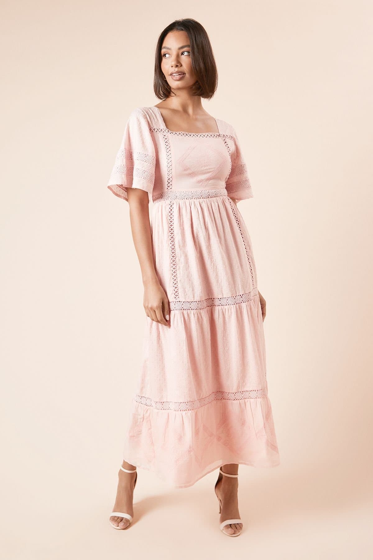 Dorothy Perkins Dorothy Perkins Women's Embroidered Front Angel Sleeve Midi Dress in Pink