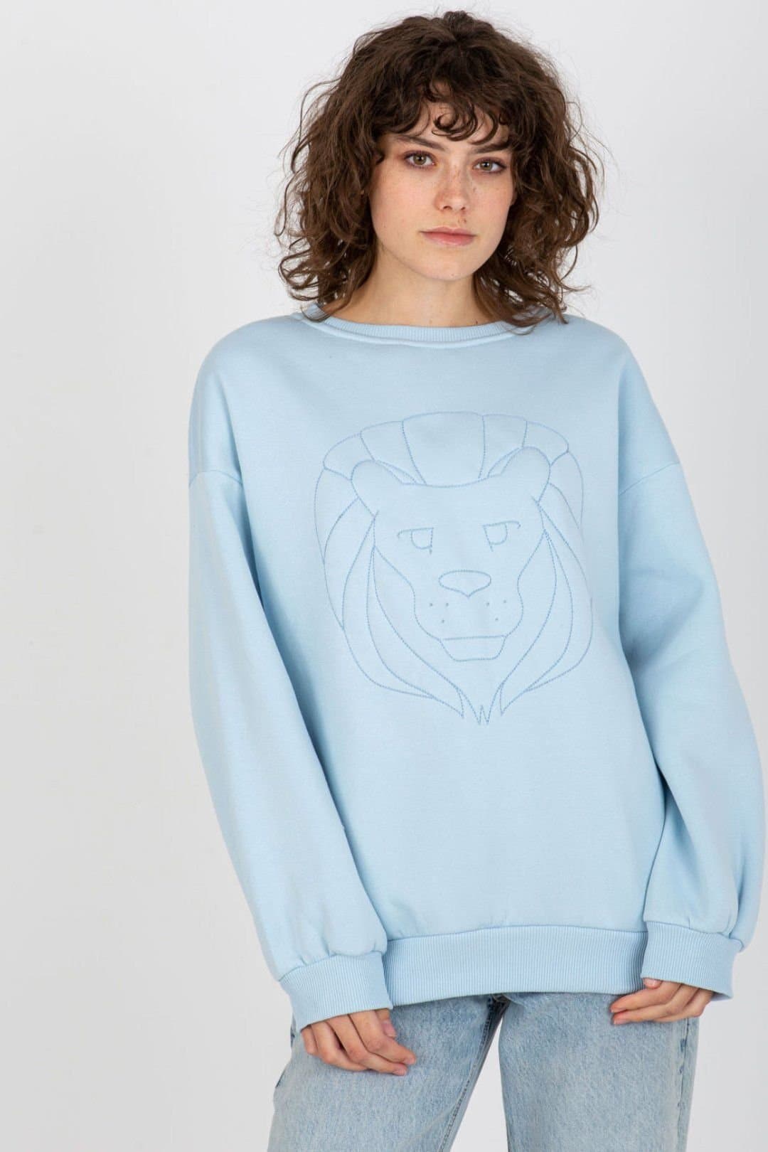 Love Lace Love Lace Women's Long Sleeve Embroidered Front Round Neck Blouse in Blue