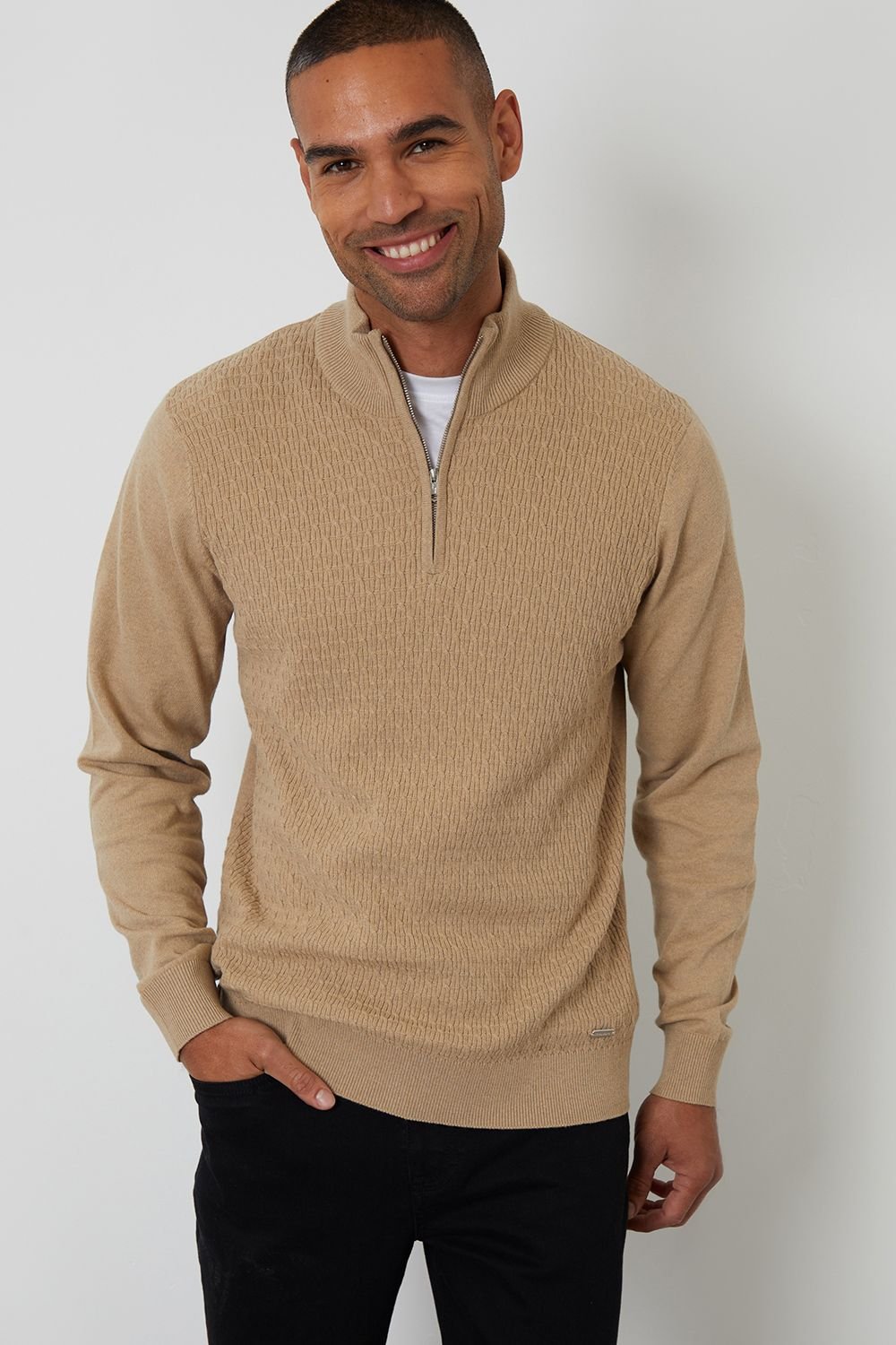 Threadbare Threadbare Men's Mini Cable Knit Quarter Zip Jumper in Taupe - 2
