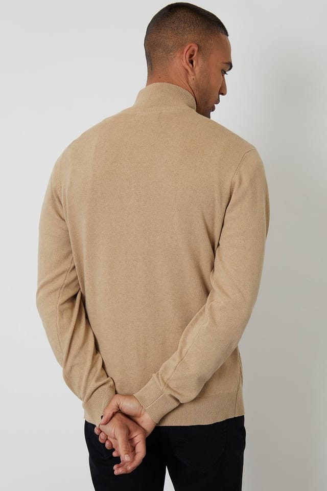 Threadbare Threadbare Men's Mini Cable Knit Quarter Zip Jumper in Taupe - 2
