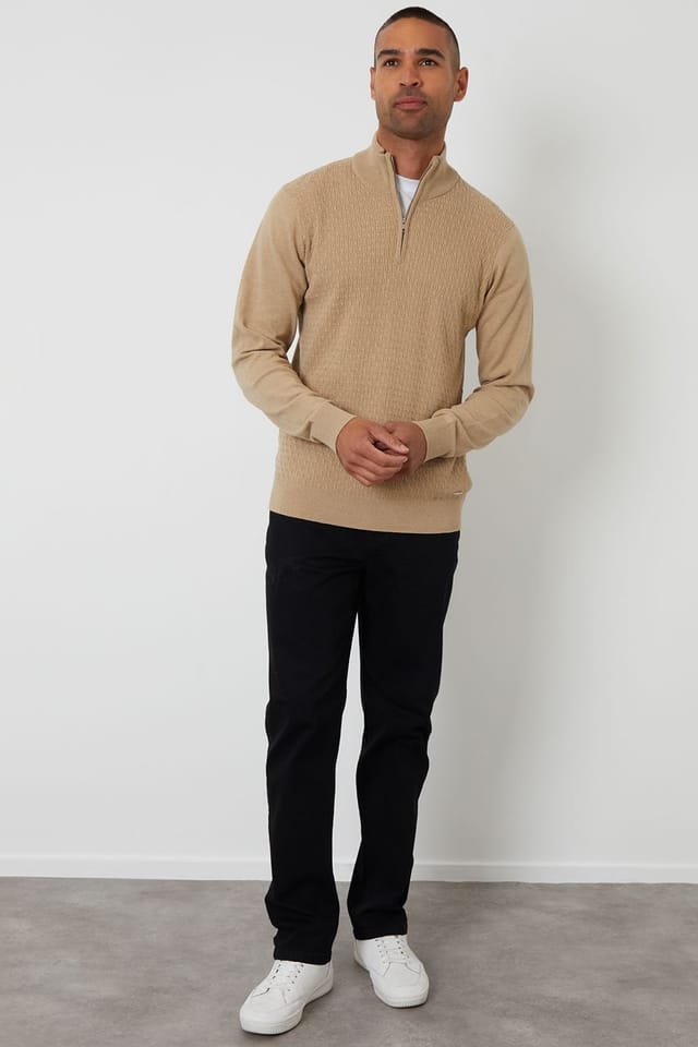 Threadbare Threadbare Men's Mini Cable Knit Quarter Zip Jumper in Taupe - 3