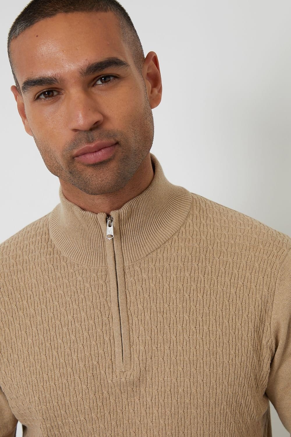 Threadbare Threadbare Men's Mini Cable Knit Quarter Zip Jumper in Taupe - 4