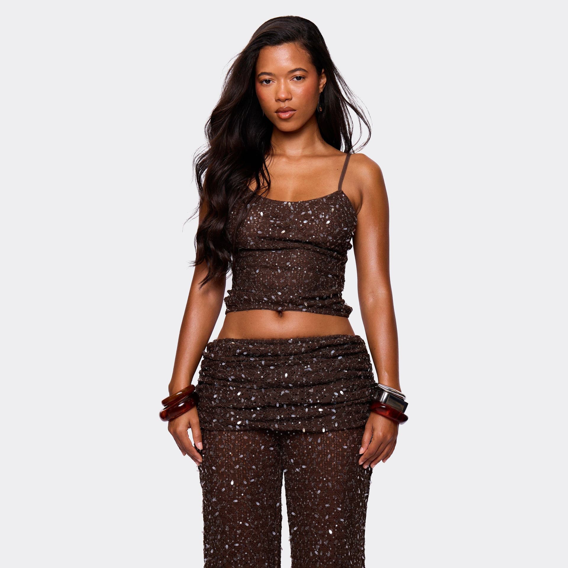 EGO Scoop Neck Zip Back Top In Brown Sequin, Women's Size UK 6