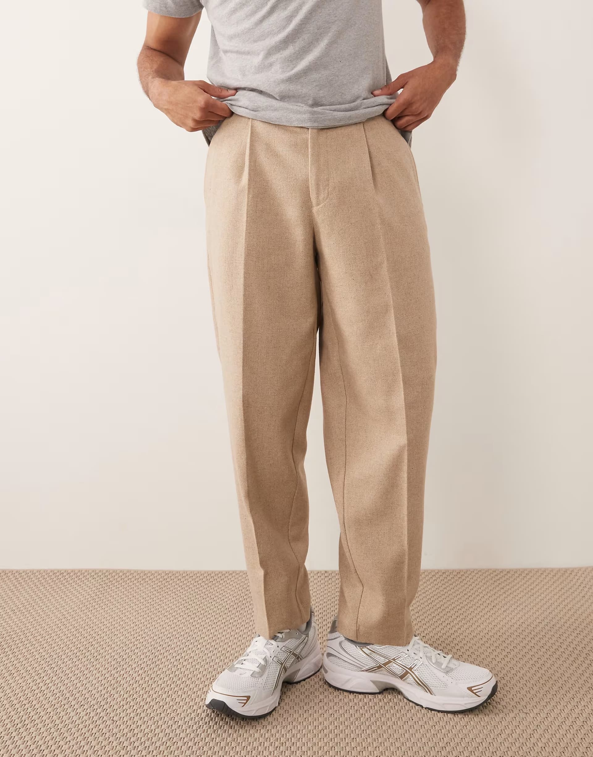 ASOS ASOS DESIGN smart pleated oversized tapered trousers with wool blend in stone - STONE