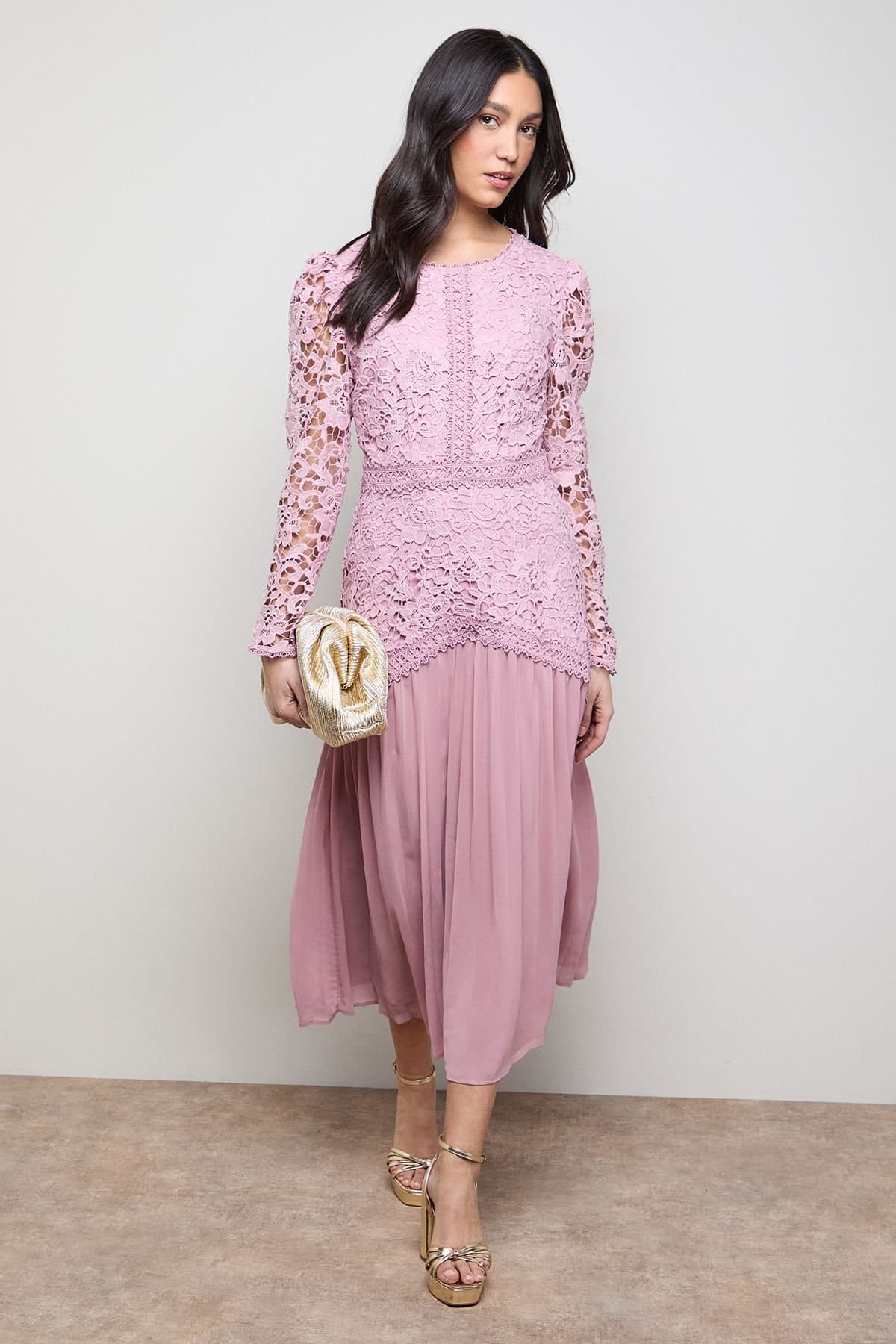 Oasis Oasis Women's Lace Bodice Pleated Skirt Long Sleeve Midi Dress in Pale Pink