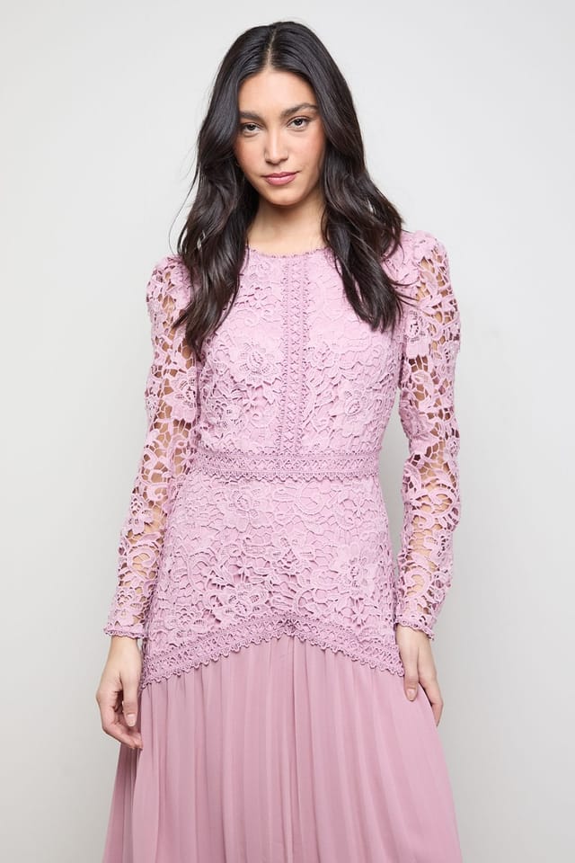 Oasis Oasis Women's Lace Bodice Pleated Skirt Long Sleeve Midi Dress in Pale Pink - 2