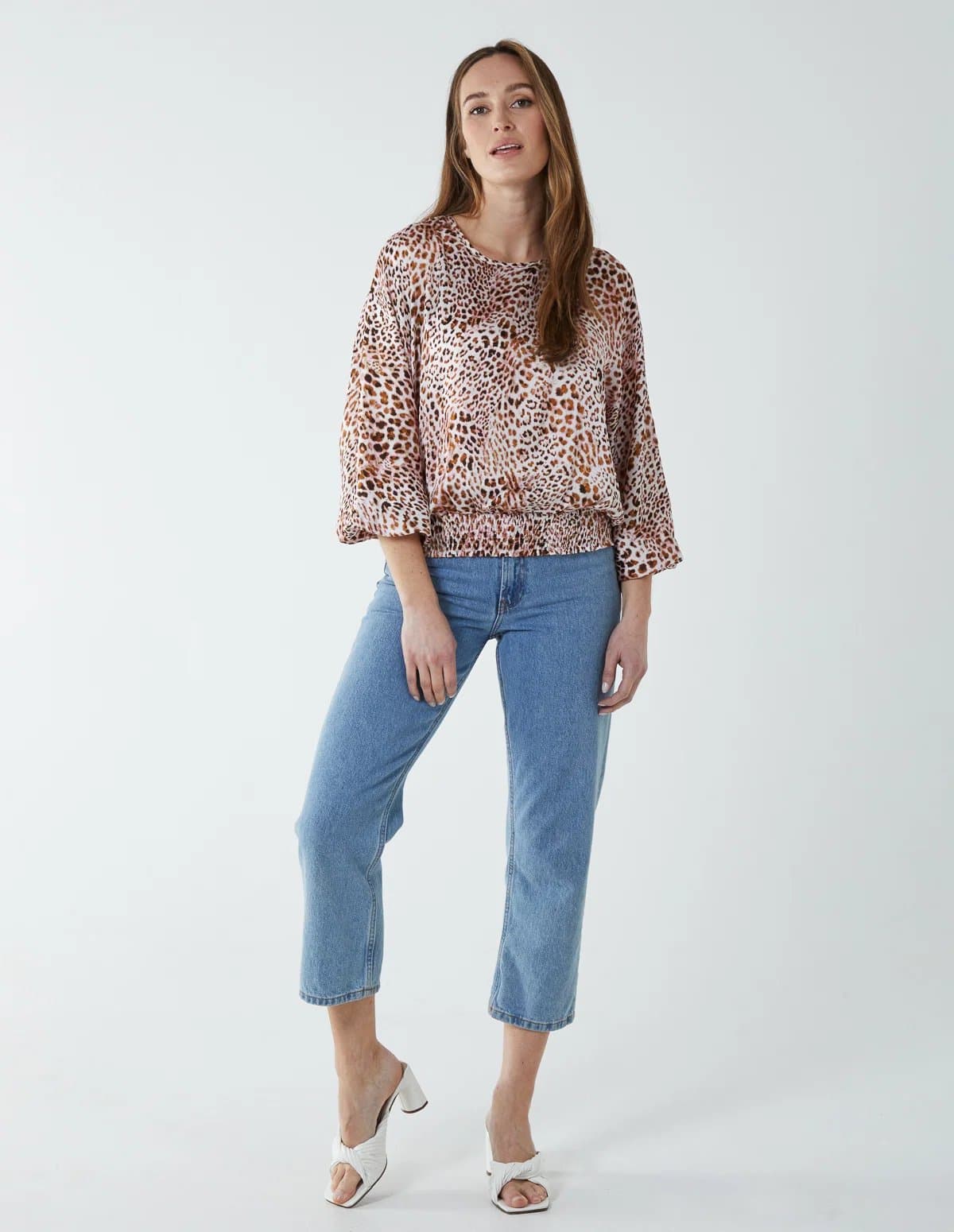 Blue Vanilla Leopard Print Round Neck Batwing Shirred Hemband Top