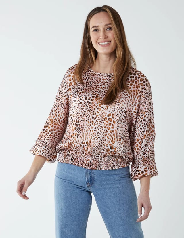 Blue Vanilla Leopard Print Round Neck Batwing Shirred Hemband Top - 3