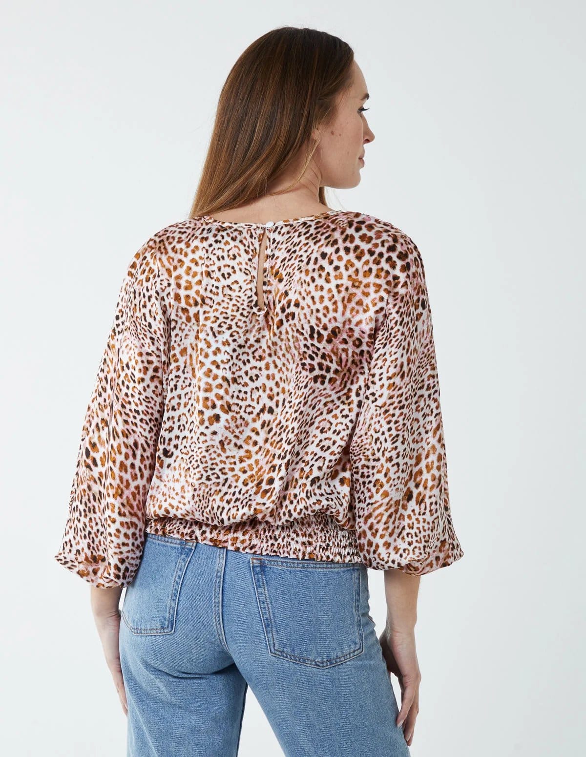 Blue Vanilla Leopard Print Round Neck Batwing Shirred Hemband Top - 4