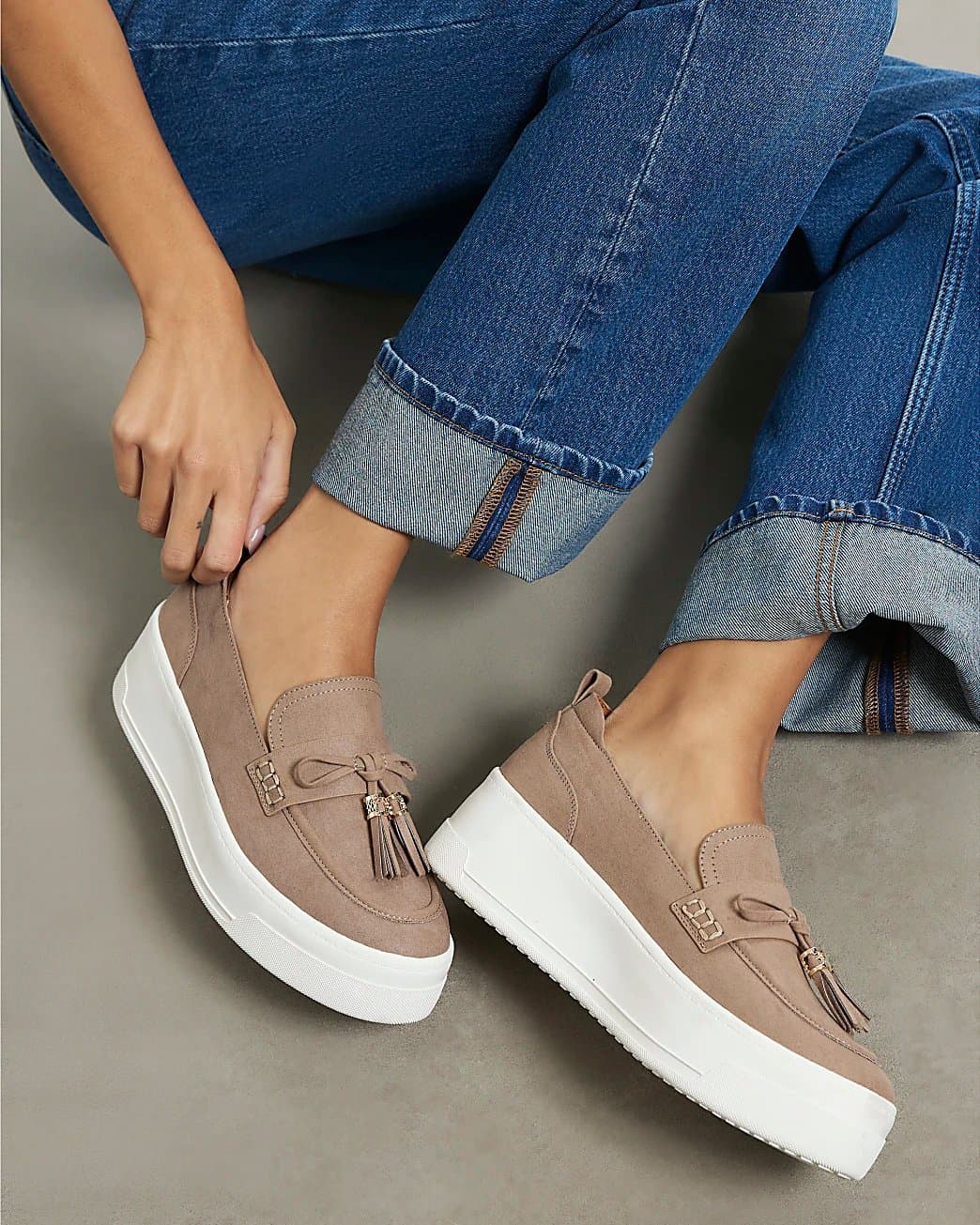 River Island River Island Womens Beige Faux Suede Platform Tassel Loafers